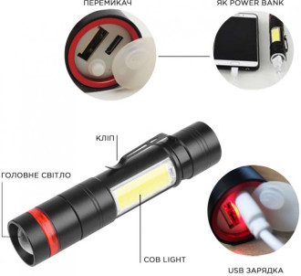 Ліхтар QUANTUM Assistant 3W LED+COB з USB з функцією Power Bank QUANTUM QMFL1030