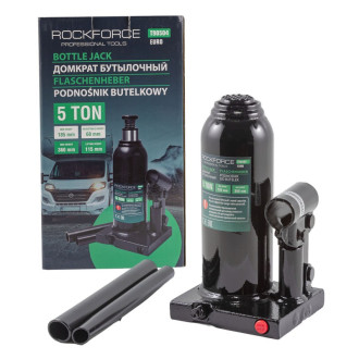 ROCKFORCE Домкрат пляшковий 5т з клапаном (висота підхоплення - 185мм, висота підйому - 360мм, хід штока - 115мм, гвинт-60мм) ROCKFORCE RF-T90504