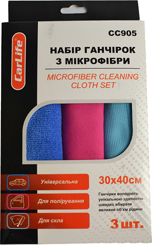 Ганчірка з мікрофібри, 30х40 см набір 3шт.(скло,пенель,універсальна) CARLIFE CC905